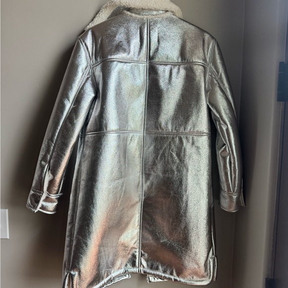 Y2K Silver Faux Shearling Long Coat Metallic Spacecore Teddy Jacket S Winter - Picture 9 of 9